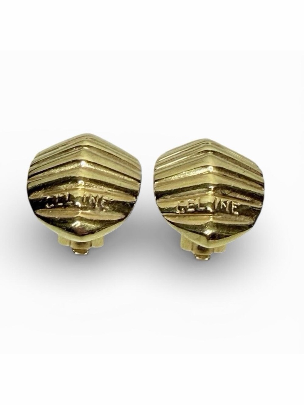 Céline Vintage Gold Tone Clip-On Earrings, Sculptural Logo Design